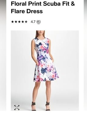 DKNY White Floral Fit & Flare Dress with Pink and Blue Accents